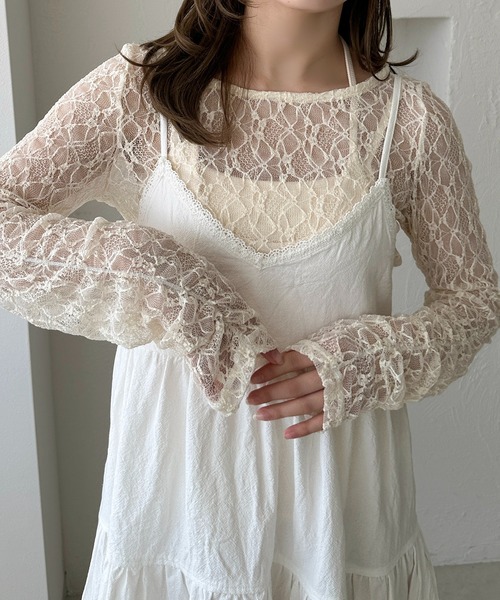 apres jour clair(アプレジュールクレア)の「【apres jour clair】シャーリングレーストップス(Tシャツ/カットソー・レディース・アイボリー/ピンクベージュ/ブラック/ブラウン系その他・X-LARGE/フリー)」の5枚目の写真