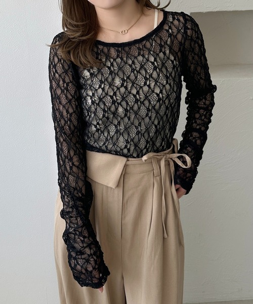 apres jour clair(アプレジュールクレア)の「【apres jour clair】シャーリングレーストップス(Tシャツ/カットソー・レディース・アイボリー/ピンクベージュ/ブラック/ブラウン系その他・X-LARGE/フリー)」の13枚目の写真