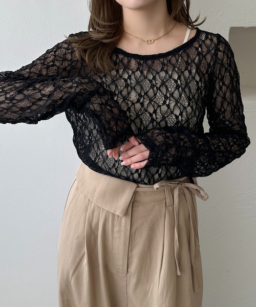 apres jour clair(アプレジュールクレア)の「【apres jour clair】シャーリングレーストップス(Tシャツ/カットソー・レディース・アイボリー/ピンクベージュ/ブラック/ブラウン系その他・X-LARGE/フリー)」の14枚目の写真