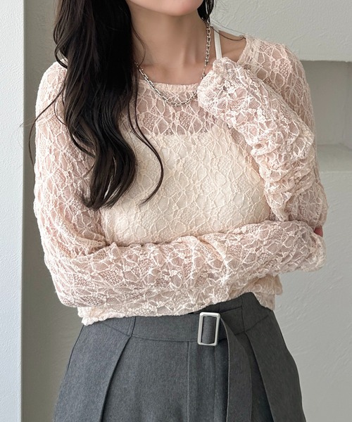 apres jour clair(アプレジュールクレア)の「【apres jour clair】シャーリングレーストップス(Tシャツ/カットソー・レディース・アイボリー/ピンクベージュ/ブラック/ブラウン系その他・X-LARGE/フリー)」の20枚目の写真