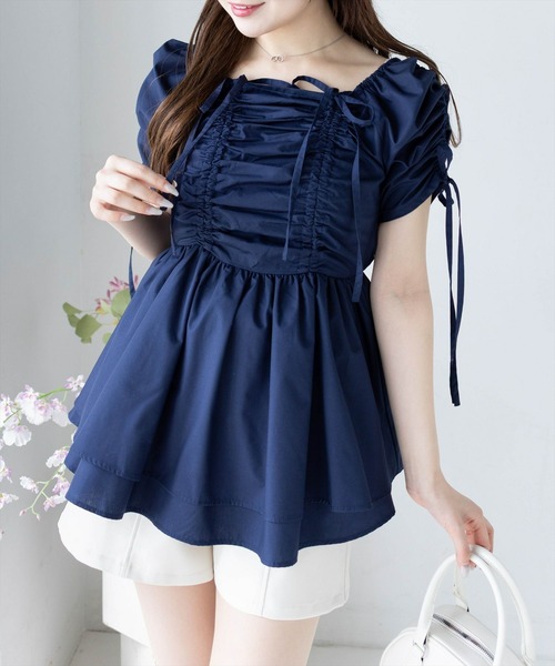 CLEAR BASIC（クリアベーシック）の「ドロストリボンペプラムブラウス[バレエコア 着回し抜群]≪SS新作≫（シャツ/ブラウス・レディース・イエロー/オフホワイト/ネイビー/ブラック系その他/ホワイト系その他・F）」の5枚目の写真