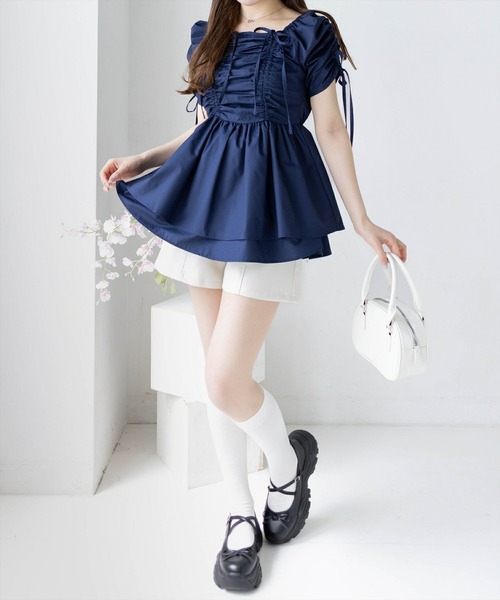 CLEAR BASIC（クリアベーシック）の「ドロストリボンペプラムブラウス[バレエコア 着回し抜群]≪SS新作≫（シャツ/ブラウス・レディース・イエロー/オフホワイト/ネイビー/ブラック系その他/ホワイト系その他・F）」の8枚目の写真