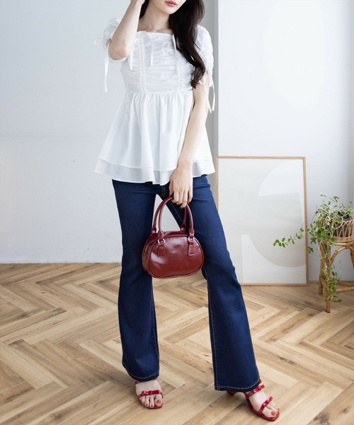 CLEAR BASIC（クリアベーシック）の「ドロストリボンペプラムブラウス[バレエコア 着回し抜群]≪SS新作≫（シャツ/ブラウス・レディース・イエロー/オフホワイト/ネイビー/ブラック系その他/ホワイト系その他・F）」の9枚目の写真