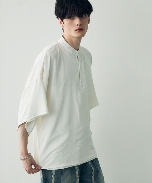 Shoowtime(ショウタイム)の「Over size wide sleeve tops / オーバーサイズワイドスリーブノーカラー ヘンリーネック トップス(Tシャツ/カットソー・メンズ・ホワイト/ブラック・LARGE/MEDIUM/SMALL)」の8枚目の写真