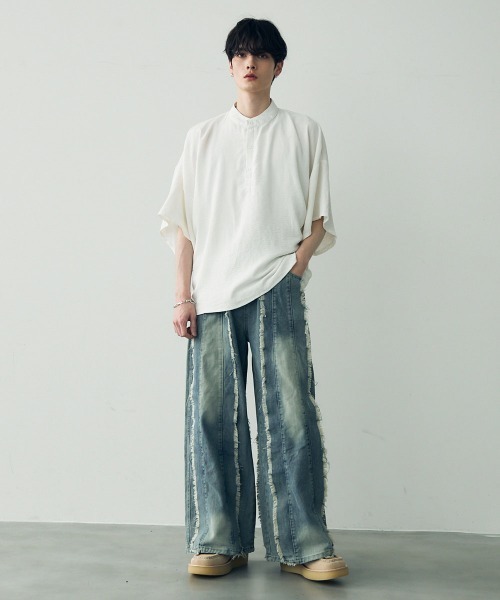 Shoowtime(ショウタイム)の「Over size wide sleeve tops / オーバーサイズワイドスリーブノーカラー ヘンリーネック トップス(Tシャツ/カットソー・メンズ・ホワイト/ブラック・LARGE/MEDIUM/SMALL)」の14枚目の写真