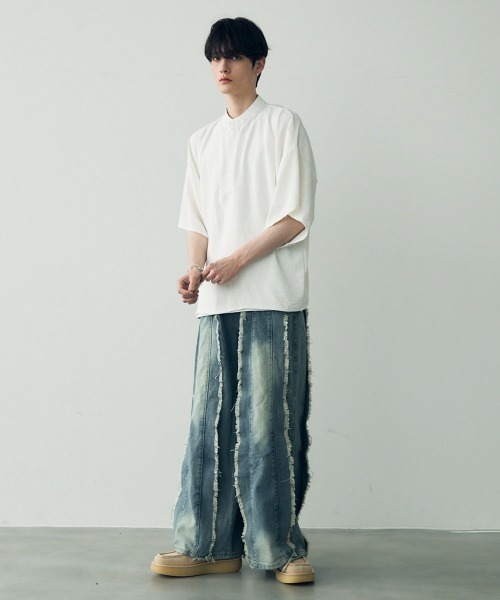 Shoowtime(ショウタイム)の「Over size wide sleeve tops / オーバーサイズワイドスリーブノーカラー ヘンリーネック トップス(Tシャツ/カットソー・メンズ・ホワイト/ブラック・LARGE/MEDIUM/SMALL)」の15枚目の写真