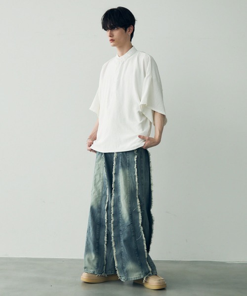 Shoowtime(ショウタイム)の「Over size wide sleeve tops / オーバーサイズワイドスリーブノーカラー ヘンリーネック トップス(Tシャツ/カットソー・メンズ・ホワイト/ブラック・LARGE/MEDIUM/SMALL)」の18枚目の写真