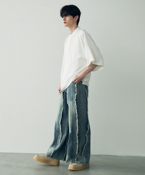 Shoowtime(ショウタイム)の「Over size wide sleeve tops / オーバーサイズワイドスリーブノーカラー ヘンリーネック トップス(Tシャツ/カットソー・メンズ・ホワイト/ブラック・LARGE/MEDIUM/SMALL)」の19枚目の写真