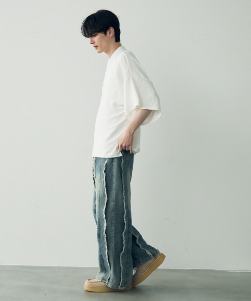 Shoowtime(ショウタイム)の「Over size wide sleeve tops / オーバーサイズワイドスリーブノーカラー ヘンリーネック トップス(Tシャツ/カットソー・メンズ・ホワイト/ブラック・LARGE/MEDIUM/SMALL)」の20枚目の写真