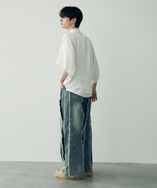 Shoowtime(ショウタイム)の「Over size wide sleeve tops / オーバーサイズワイドスリーブノーカラー ヘンリーネック トップス(Tシャツ/カットソー・メンズ・ホワイト/ブラック・LARGE/MEDIUM/SMALL)」の21枚目の写真