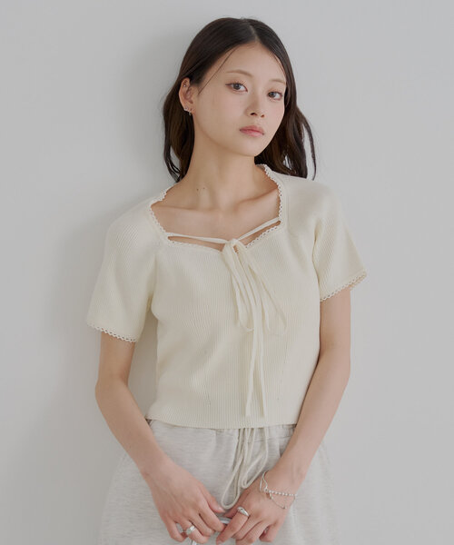 セール】紐デザインカップスクエアフレンチニット（ニット