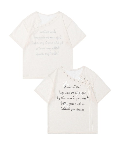HOOK(フック)の「【HOOK】for girls メッセージレースアップTシャツ (SS)(Tシャツ/カットソー・レディース・ライトベージュ/グリーン・SMALL/MEDIUM)」の2枚目の写真