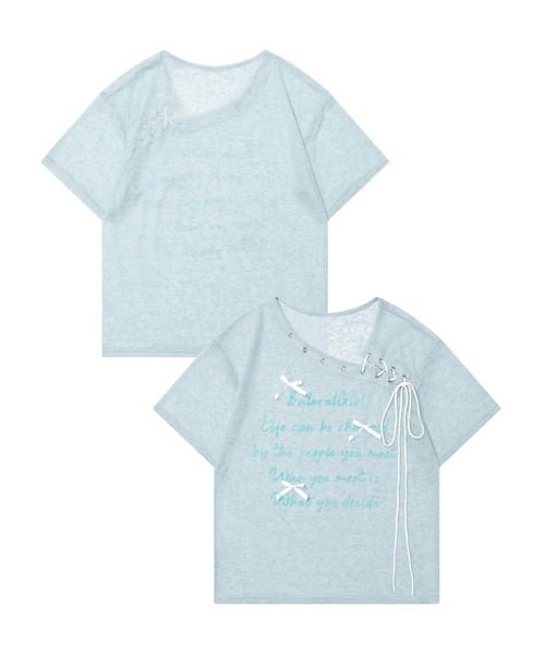 HOOK(フック)の「【HOOK】for girls メッセージレースアップTシャツ (SS)(Tシャツ/カットソー・レディース・ライトベージュ/グリーン・SMALL/MEDIUM)」の1枚目の写真