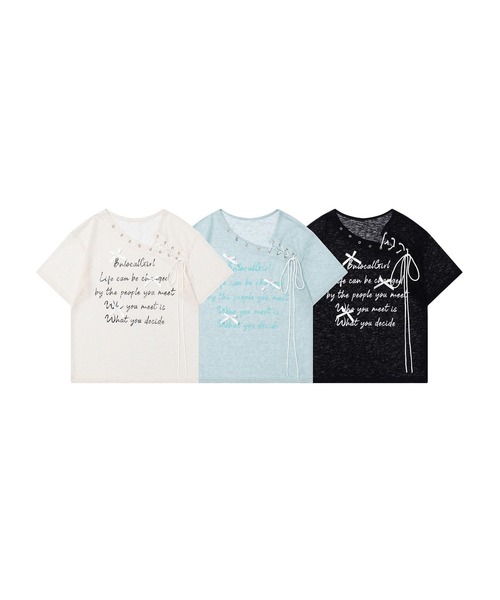 HOOK(フック)の「【HOOK】for girls メッセージレースアップTシャツ (SS)(Tシャツ/カットソー・レディース・ライトベージュ/グリーン・SMALL/MEDIUM)」の3枚目の写真