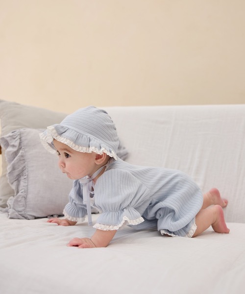 Rosemadame（ローズマダム）の「リブ× レース ベビー退院着セット（ベビーギフト・キッズ・サックスブルー/アイボリー/オフホワイト・FREE）」の5枚目の写真