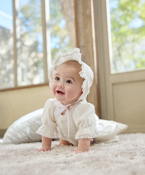 Rosemadame（ローズマダム）の「リブ× レース ベビー退院着セット（ベビーギフト・キッズ・サックスブルー/アイボリー/オフホワイト・FREE）」の4枚目の写真