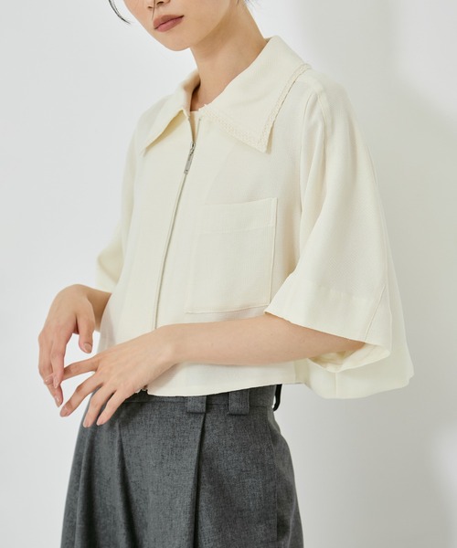 STUDIOUS(ステュディオス)の「【STUDIOUS/ステュディオス】Half Sleeve Mesh Shirt/ハーフスリーブメッシュシャツ/メッシュブルゾン(シャツ/ブラウス・レディース・アイボリー/ブラック・FREE)」の5枚目の写真
