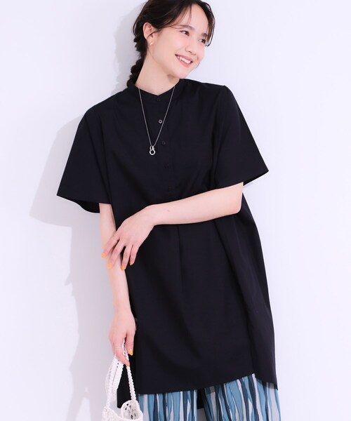 美品＊プランテーション 黒 シアー チュニックワンピース 半袖 M 製品洗い セール】【洗える】体型きれい見え チュニックワンピース