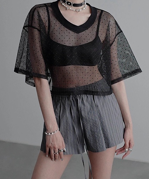 「CHENTAITAI」ドットテクスチャー Vネックメッシュトップ CTW25s020 レディース CHENTAITAI】ドットテクスチャー Vネックメッシュトップ