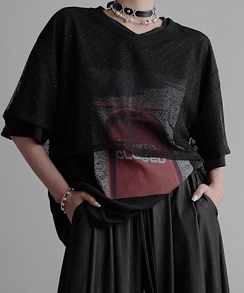 「CHENTAITAI」ドットテクスチャー Vネックメッシュトップ CTW25s020 レディース CHENTAITAI】ドットテクスチャー Vネックメッシュトップ