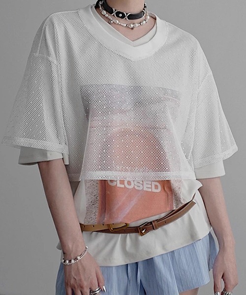 CHENTAITAI】ドットテクスチャー Vネックメッシュトップ