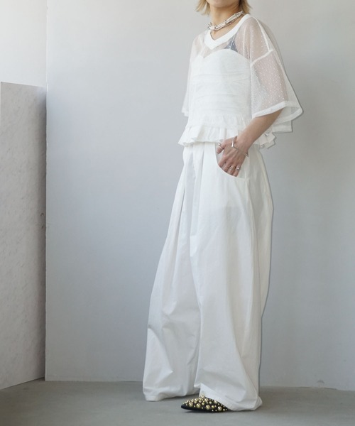 CHENTAITAI】ドットテクスチャー Vネックメッシュトップ