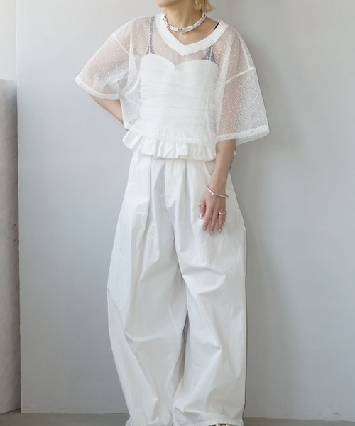 CHENTAITAI】ドットテクスチャー Vネックメッシュトップ