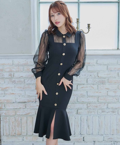 キャバドレス 襟付き シースルー 長袖 袖あり マーメイド 膝丈ドレス