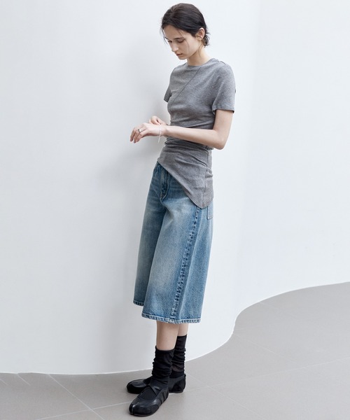 tシャツ 「tageechita」ステッチ入り アシンメトリーヘム シアーニットTシャツ レディース メンズ tageechita tシャツ 「tageechita」ステッチ入り アシンメトリー