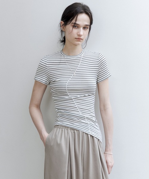 tシャツ 「tageechita」ステッチ入り アシンメトリーヘム シアーニットTシャツ レディース メンズ tageechita tシャツ 「tageechita」ステッチ入り アシンメトリー