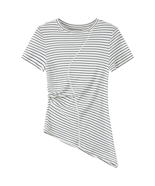 tageechita(タジチタ)の「【tageechita】アシンメトリーヘム Sラインステッチ フィットTシャツ(Tシャツ/カットソー・レディース・ホワイト×ブラック/グレー・S/M/L)」の3枚目の写真