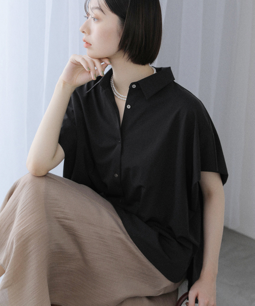 「La TOTALITE」 半袖ブラウス - ブラック レディース 洗える】ストレッチシャツ（シャツ/ブラウス）｜La TOTALITE
