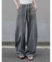 [低身長/高身長サイズ有]コットンデニムロープベルト付きワイドバレルレッグカーブパンツ