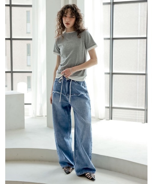 セール】[低身長/高身長サイズ有]コットンデニムロープベルト付き