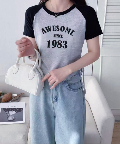 GORGE(ゴージ)の「《1983ロゴ×ドロスト》レディース 半袖Tシャツ クロップド丈 配色ラグラン 春夏秋(Tシャツ/カットソー・レディース・オフホワイト/グレー/ワイン・F)」の2枚目の写真