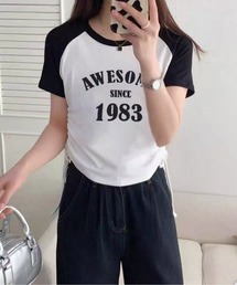 《1983ロゴ×ドロスト》レディース 半袖Tシャツ クロップド丈 配色ラグラン 春夏秋