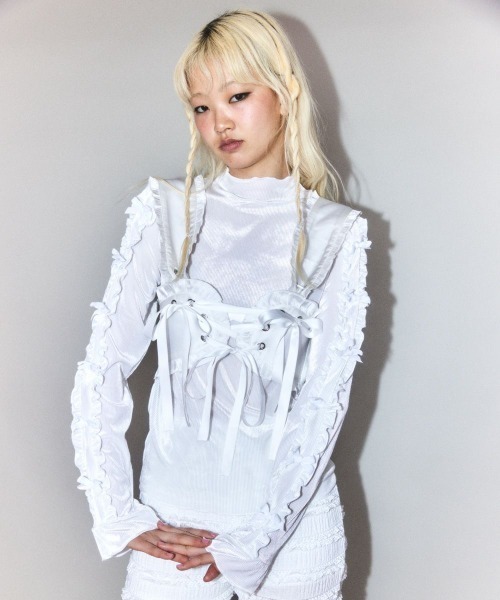 Candy Stripper（キャンディストリッパー）の「DOLLY RIBBON VELOUR トップス（Tシャツ/カットソー・レディース・スモークピンク/ブラック/オフホワイト/チャコール・FREE）」の5枚目の写真