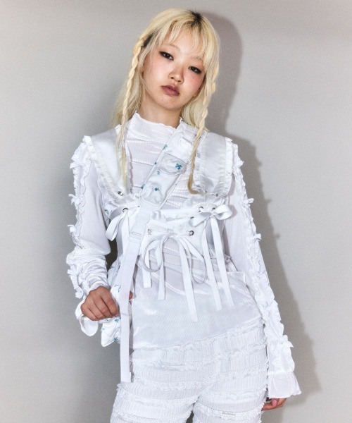 Candy Stripper（キャンディストリッパー）の「DOLLY RIBBON VELOUR トップス（Tシャツ/カットソー・レディース・スモークピンク/ブラック/オフホワイト/チャコール・FREE）」の6枚目の写真