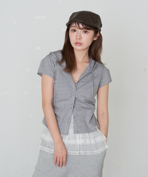 RAY CASSIN（レイカズン）の「フードチェックコンパクトシャツ（シャツ/ブラウス・レディース・ベージュ系その他2/ブラック系その他2/ブルー系その他2・FREE）」の3枚目の写真