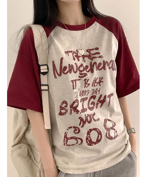 VIVID LADY(ビビッドレディー)の「フロントプリント ラグラン半袖Tシャツ(Tシャツ/カットソー・レディース・ブラック/オリーブ/ピンク/オートミール・FREE)」の5枚目の写真