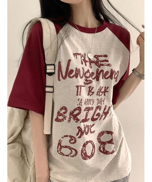 VIVID LADY(ビビッドレディー)の「フロントプリント ラグラン半袖Tシャツ(Tシャツ/カットソー・レディース・ブラック/オリーブ/ピンク/オートミール・FREE)」の17枚目の写真
