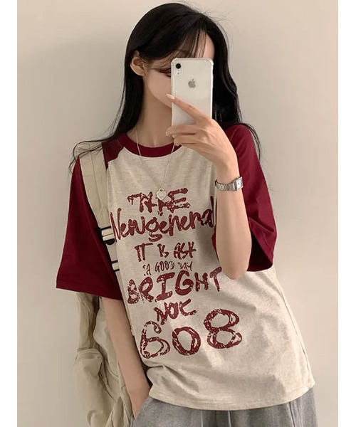 VIVID LADY(ビビッドレディー)の「フロントプリント ラグラン半袖Tシャツ(Tシャツ/カットソー・レディース・ブラック/オリーブ/ピンク/オートミール・FREE)」の18枚目の写真