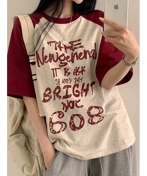 VIVID LADY(ビビッドレディー)の「フロントプリント ラグラン半袖Tシャツ(Tシャツ/カットソー・レディース・ブラック/オリーブ/ピンク/オートミール・FREE)」の19枚目の写真