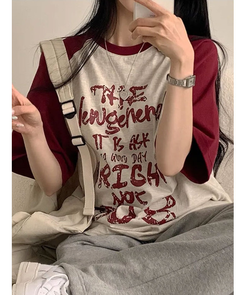 VIVID LADY(ビビッドレディー)の「フロントプリント ラグラン半袖Tシャツ(Tシャツ/カットソー・レディース・ブラック/オリーブ/ピンク/オートミール・FREE)」の20枚目の写真