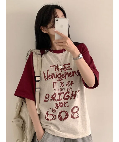 VIVID LADY(ビビッドレディー)の「フロントプリント ラグラン半袖Tシャツ(Tシャツ/カットソー・レディース・ブラック/オリーブ/ピンク/オートミール・FREE)」の21枚目の写真