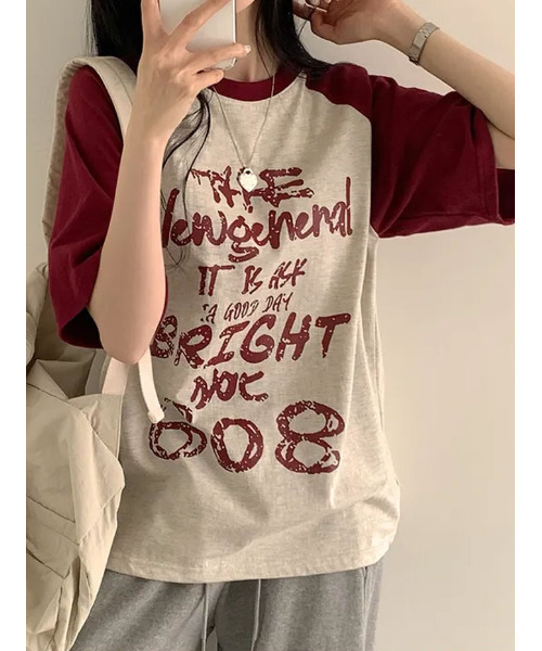 VIVID LADY(ビビッドレディー)の「フロントプリント ラグラン半袖Tシャツ(Tシャツ/カットソー・レディース・ブラック/オリーブ/ピンク/オートミール・FREE)」の22枚目の写真