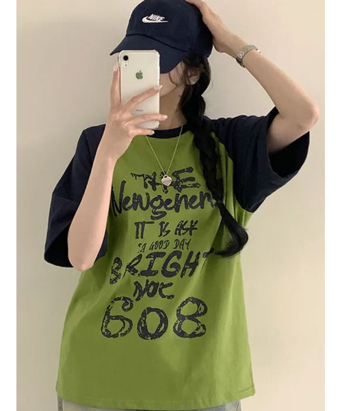 VIVID LADY(ビビッドレディー)の「フロントプリント ラグラン半袖Tシャツ(Tシャツ/カットソー・レディース・ブラック/オリーブ/ピンク/オートミール・FREE)」の8枚目の写真