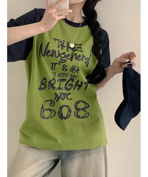 VIVID LADY(ビビッドレディー)の「フロントプリント ラグラン半袖Tシャツ(Tシャツ/カットソー・レディース・ブラック/オリーブ/ピンク/オートミール・FREE)」の9枚目の写真