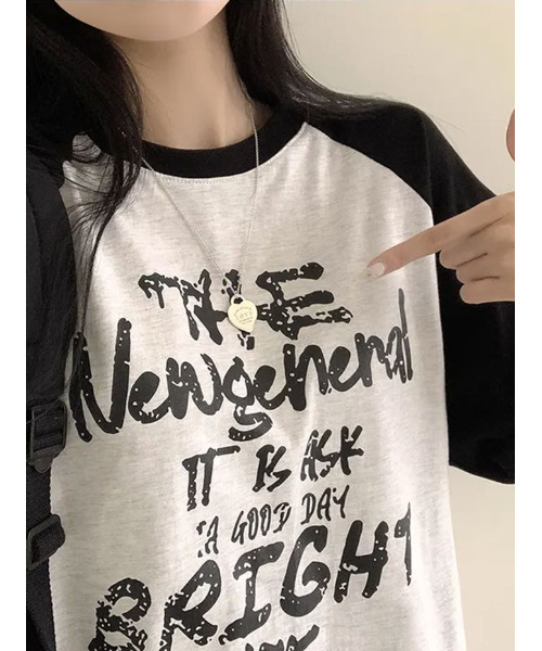 VIVID LADY(ビビッドレディー)の「フロントプリント ラグラン半袖Tシャツ(Tシャツ/カットソー・レディース・ブラック/オリーブ/ピンク/オートミール・FREE)」の13枚目の写真