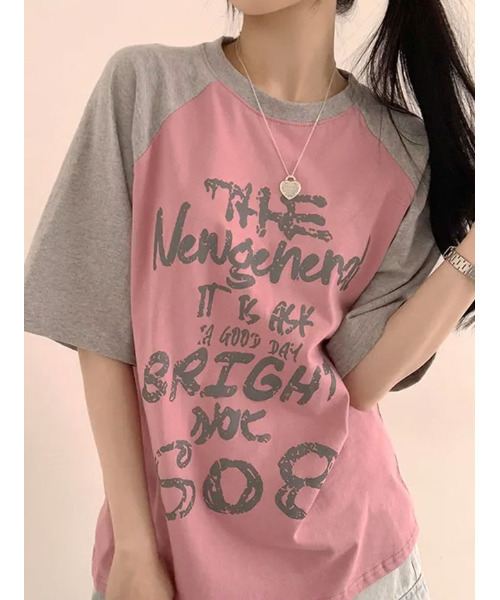 VIVID LADY(ビビッドレディー)の「フロントプリント ラグラン半袖Tシャツ(Tシャツ/カットソー・レディース・ブラック/オリーブ/ピンク/オートミール・FREE)」の14枚目の写真